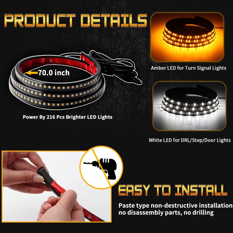 OPL5 2PCs Truck LED Running Board Lights Sequential Amber Side Marker Light 70 Inch Emergency Extended Crew Cab 216 LEDs Waterproof Flexible Turn Signal Light Bar for Pickup Trucks Car (70in) - Image 5